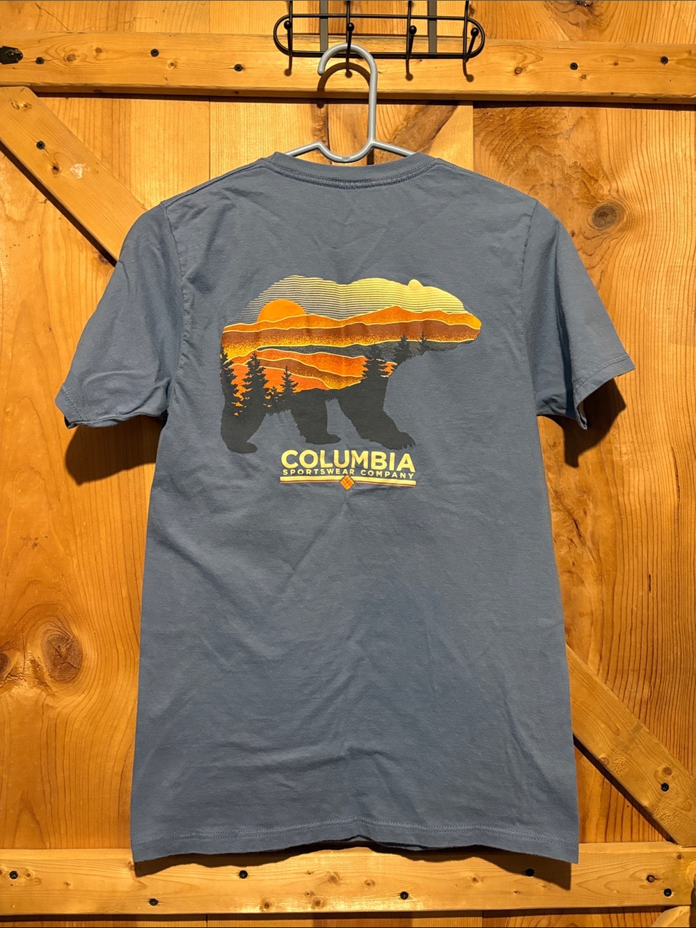 Columbia Slate Blue Short Sleeve Tee with Sunset Bear Graphic